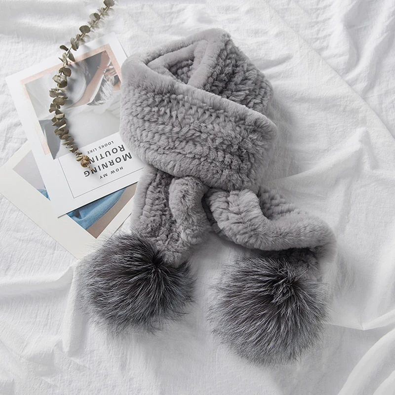 Женский настоящий шарф из меха кролика рекс с двумя серебряными помпонами