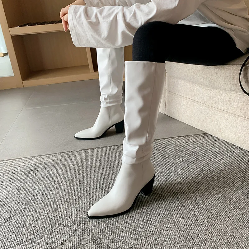 

MoonMeek 2020 Genuine leather boots thick high heels pointed toe winter ladies shoes fashion pleated knee high boots