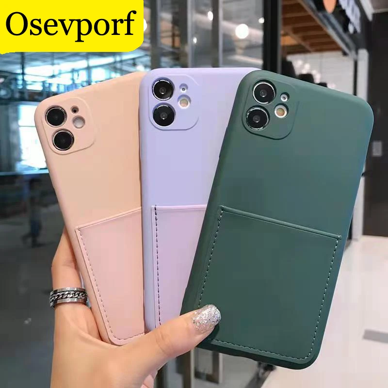 

Candy Color Card Holder Liquid Silicone Phone Back Card Case Shell Non-slip Fundas For iPhone 13 12 Pro Max 8 7 6 SE X XR XS Max