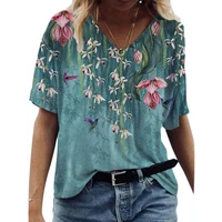 boho 3d floral print tee shirts summer fashion women flower print short sleeve casual loose t shirt top beach pullover tops