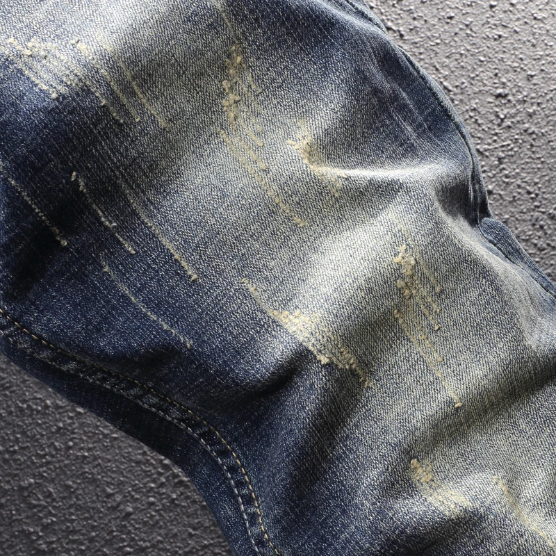 European Vintage Fashion Men Jeans Retro Blue Elastic Slim Fit Ripped Jeans Men Distressed Plain Designer Casual Denim Pants