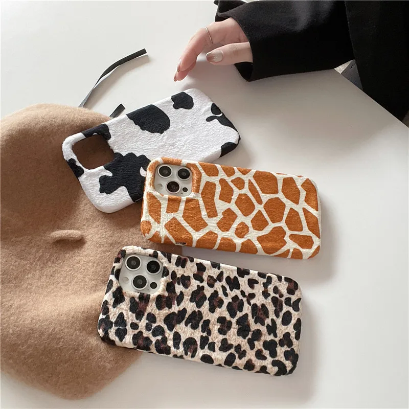 

Winter Warm Plush Corduroy Retro Leopard Print Phone Case For iPhone 12 11 13 Pro Max 13Pro X XR XS Max 7 8Plus Soft Back Cover