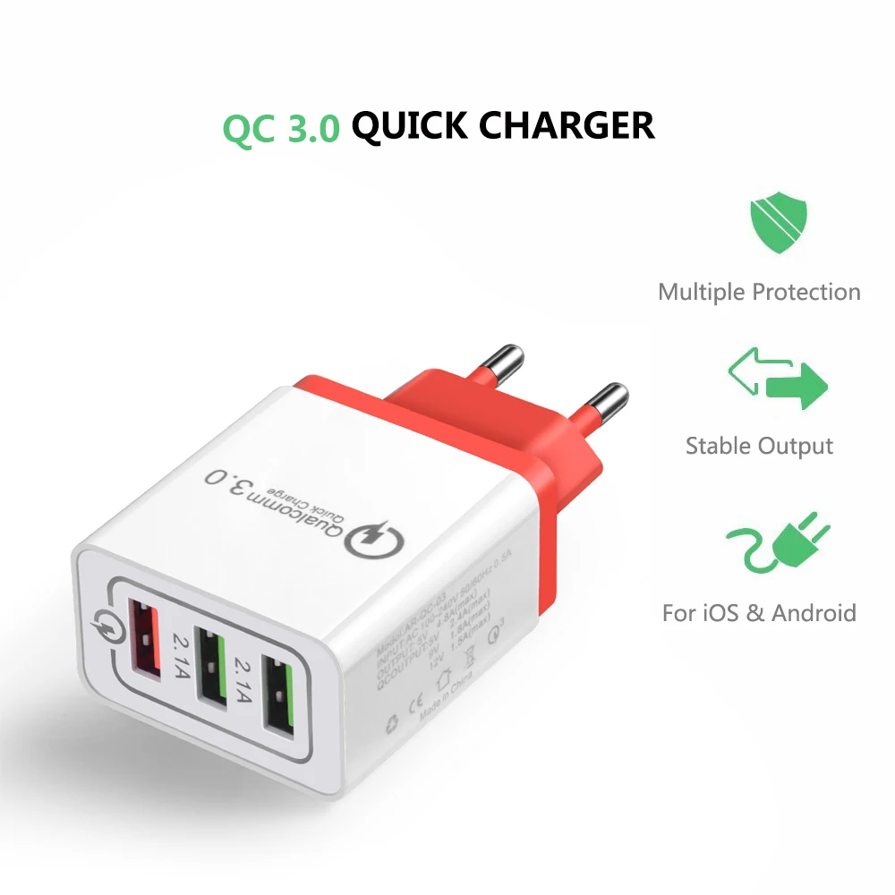 USB зарядное устройство QC3.0 2.1A Быстрая быстрая зарядка 3 порта штепсельная вилка