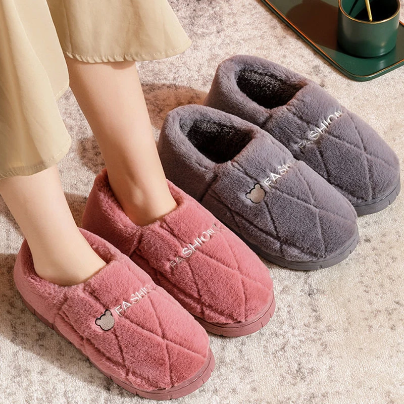 

Winter Women Slippers Big Size Gingham Diamond Home Slippers Plush Couples Non-slip Floor House Slipper Indoor Floor Slippers