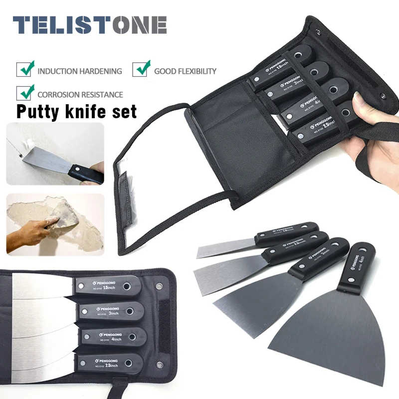 

4pcs Portable Putty Knife Scraper Blade 1.5" 2.5" 3" 4"Wall Shovel Carbon Steel Plastic Handle Construction Tool