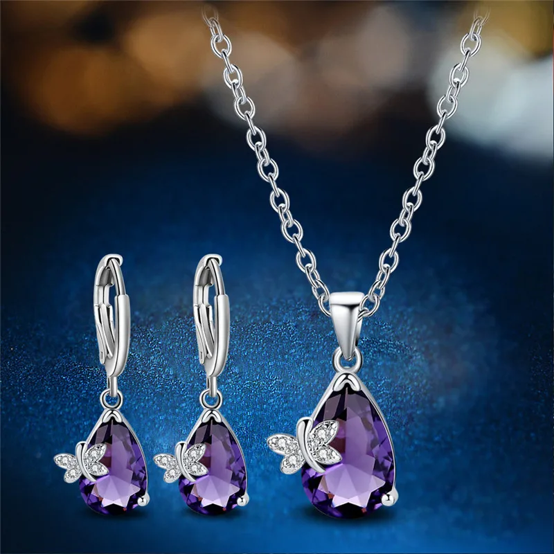 

Dainty Female Purple Crystal Jewelry Set Charm Silver Color Dangle Earrings For Women Luxury Butterfly Wedding Chain Necklace