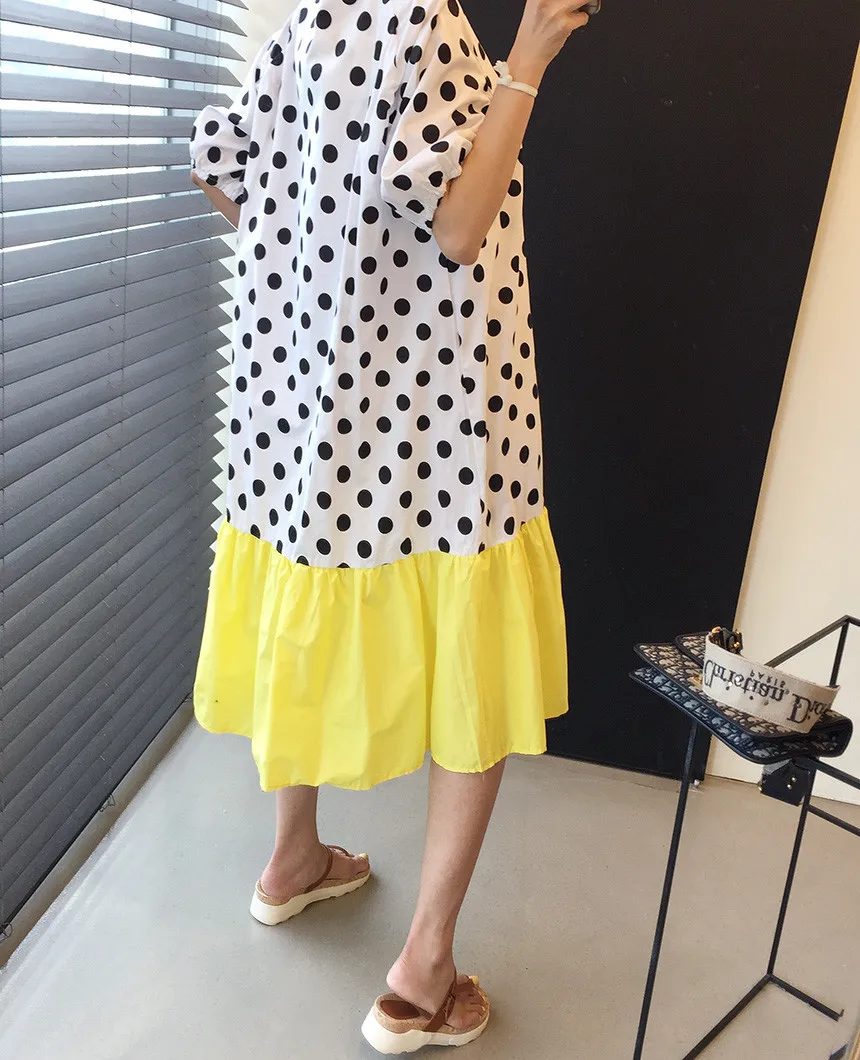 

Korejpaa Women Dress 2021 Summer Korean Western Style Age-Reducing Round Neck Polka Dot Contrast Stitching Puff Sleeve Vestidos
