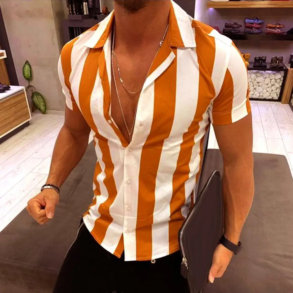 

Casual Men Shirt Fashion Turn Down Collar Short Sleeve Vertical Stripes Buttons Slim-Fit Streetwear Shirt Summer 2021