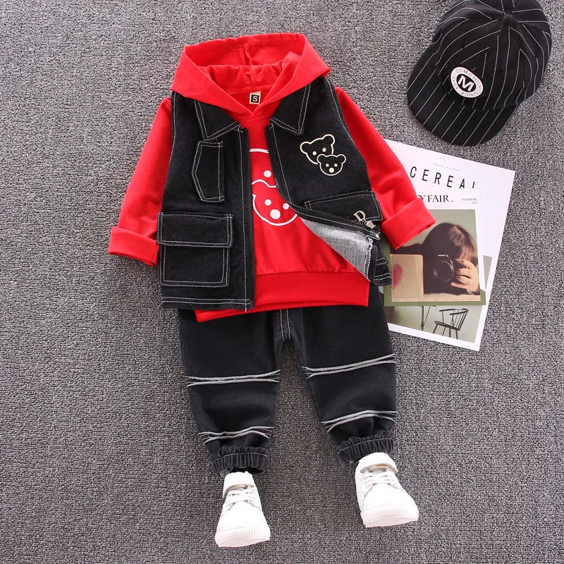 Baby Boy Clothes Set Korean Autumn Trend Boys Girls Hooded Long-Sleeved Sweater + Denim Vest Pants 3PCS Kids Clothing Suits | Детская