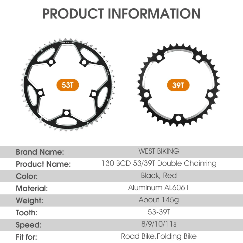 WEST BIKING 130BCD Double Chainring 39/53T 44/56T Road Bicycle Chainwheel High Strength for 8/9/10/11s Cycling Parts | Спорт и