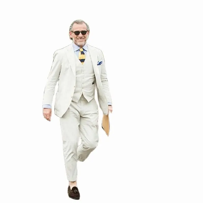 

Ivory Linen Men Suits 2019 Summer Wedding Groom Wear Tuxedos 3 Pieces (Jacket+Pants+Vest) Bridegroom Suits Best Man Blazer