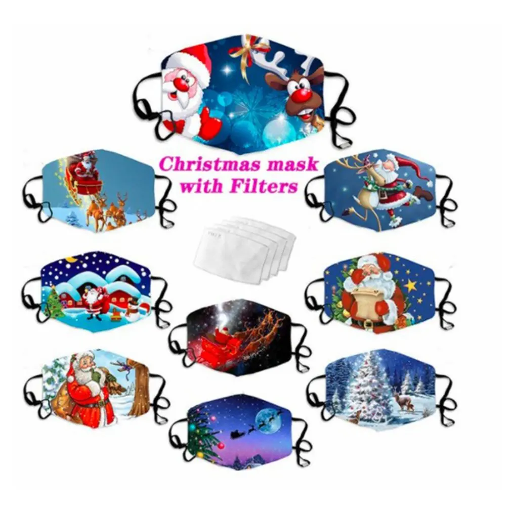 

Christmas Print Reusable Washable Print Masks Non-woven Anti-fog Essential Breathable Dustproof with Elastic Strap