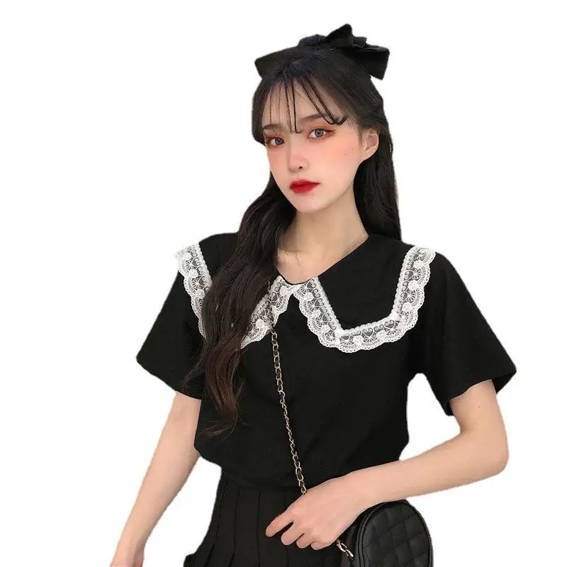 

QNPQYX New Fashion loose and thin shirts Women short-sleeved t shirt female summer lace doll collar stitching ins tide brand top
