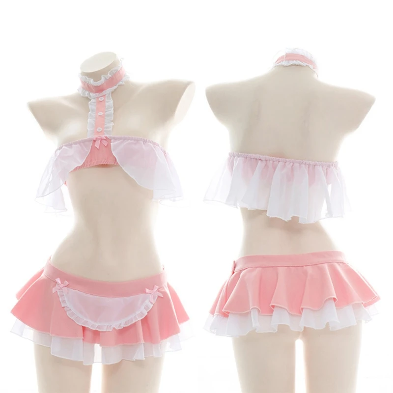 

Эротическое нижнее белье, милая форма горничной, комплект с лямкой на шее, оборками, топом, мини-юбкой, комплект для пар, косплей, сексуальный...