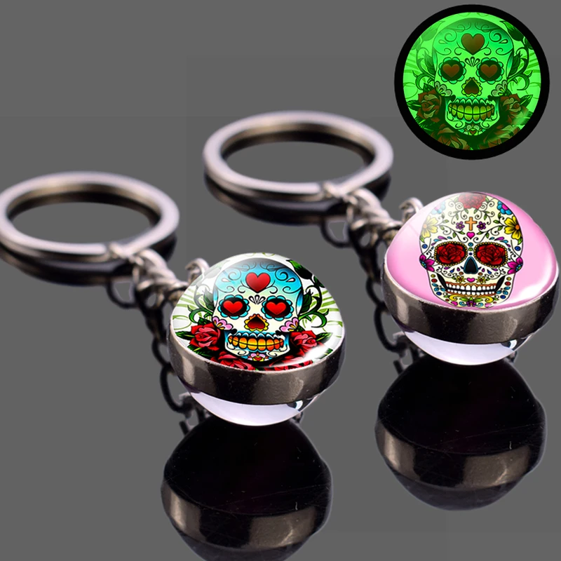 

Glow In The Dark Sugar Skull Keychain Glowing Skull Jewelry Art Luminous Sugar Skull Glass Ball Key Chain Glow In Dark Gifts