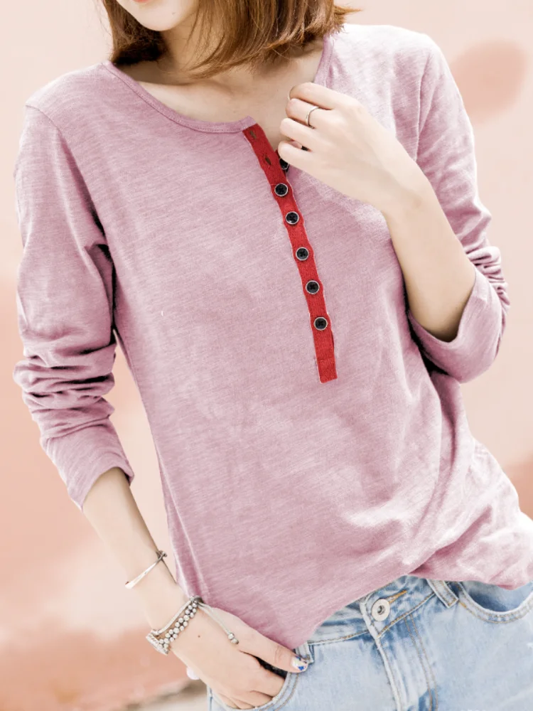 2021 летние новые женские футболки с длинными рукавами и пуговицами универсальные