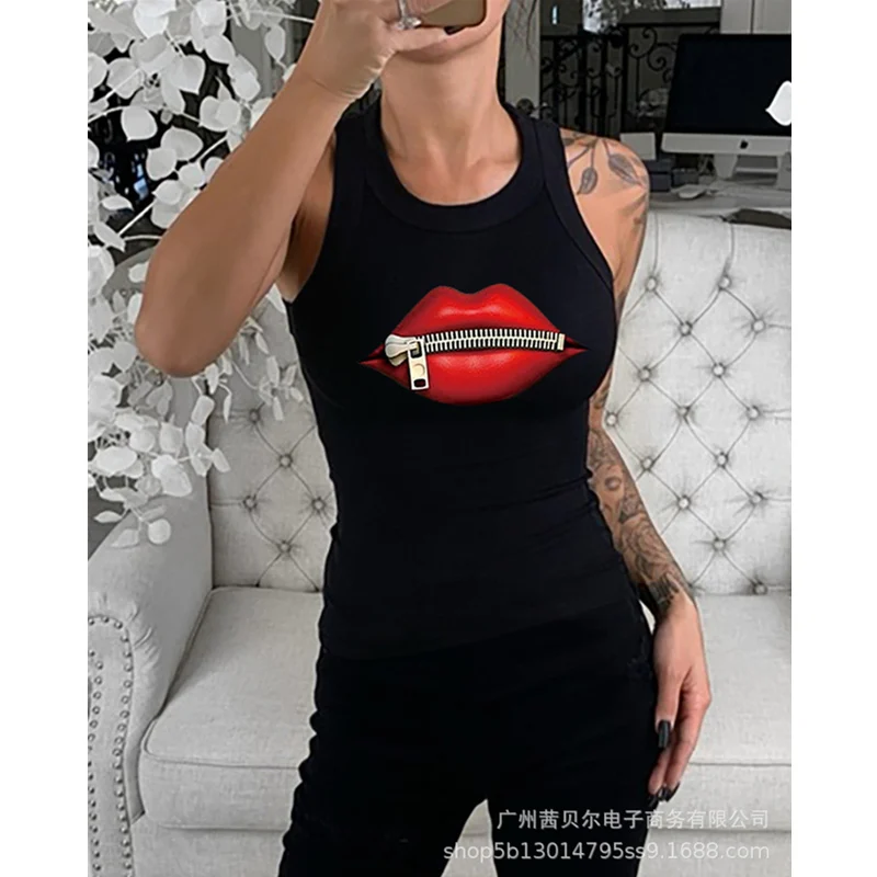 

Mandylandy Women Vest Sexy Lips Print Skinny Shirt Top Lady Sleeveless O Neck Slim Fit T-shirt