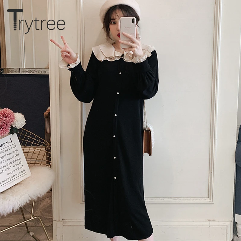 Осеннее женское Повседневное платье Trytree 2020 черное однобортное свободное