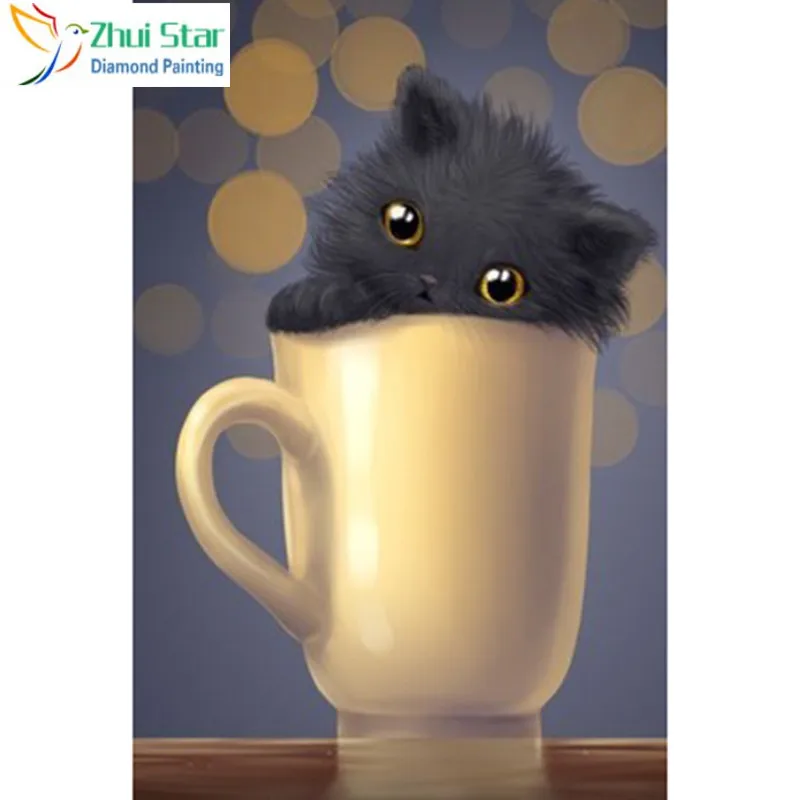 

Zhui star Full Square 5D DIY Diamond Painting "Drinking cup cat" Embroidery Cross Stitch Mosaic Home Decor Gif WDY