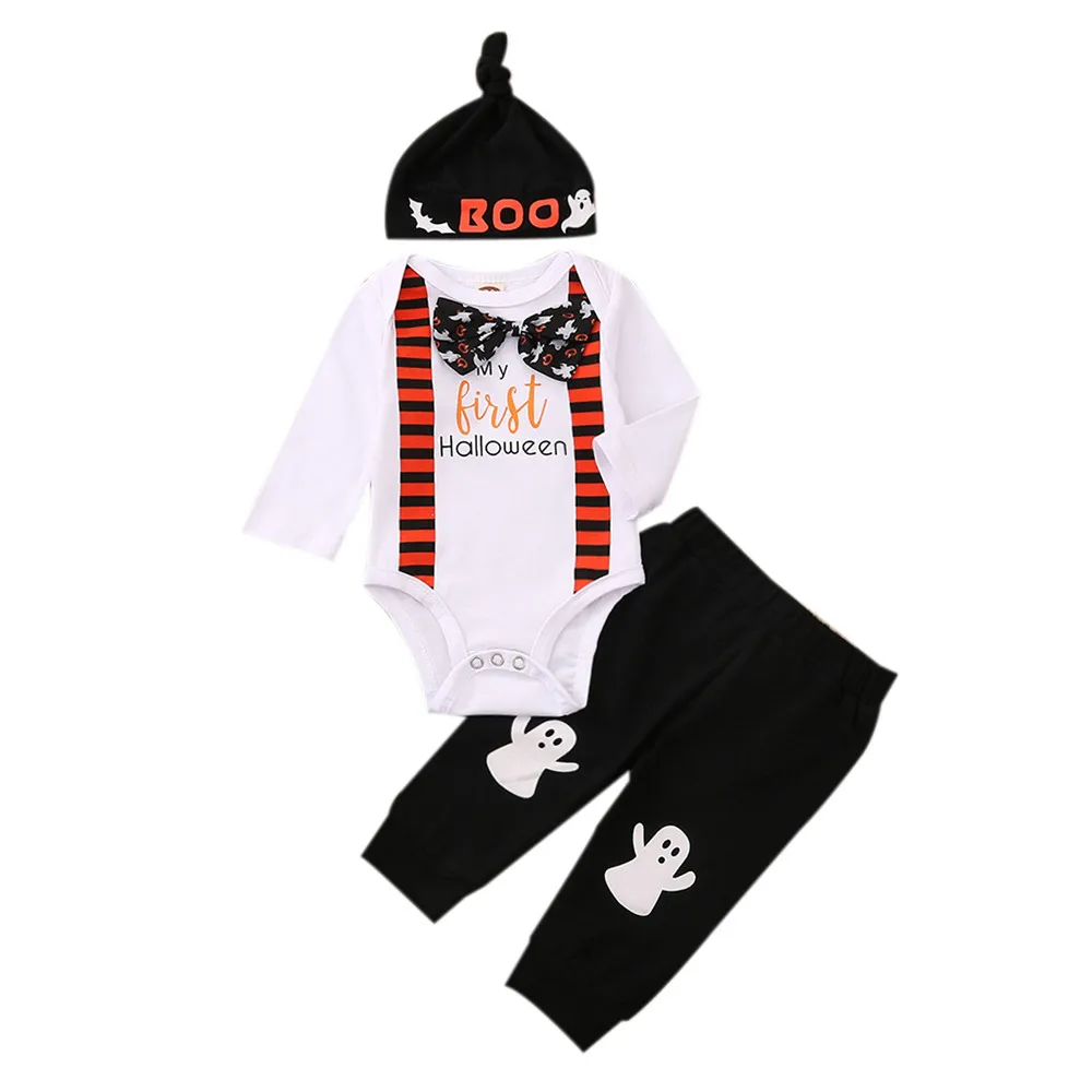 

Baby Boy Halloween Clothes Set Letter Bowtie Bodysuit Romper Pants Hat Beanie 0-18M Newborn Infant Toddler Festival Costume 2021