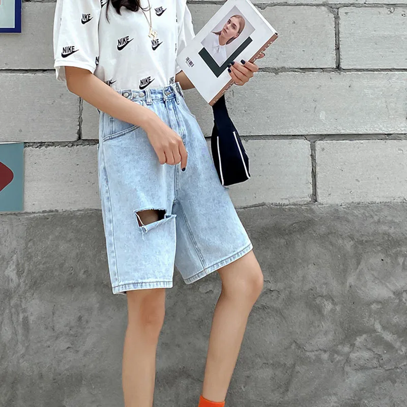 Женские джинсовые шорты с широкими штанинами свободные шорты-бермуды завышенной