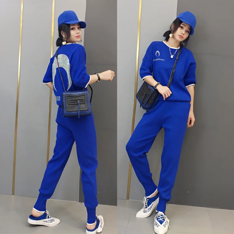 

Модные трикотажные костюмы, популярный женский свитер с рукавами-фонариками и повседневные брюки, новинка 2020, Осенний хлопковый комплект и...