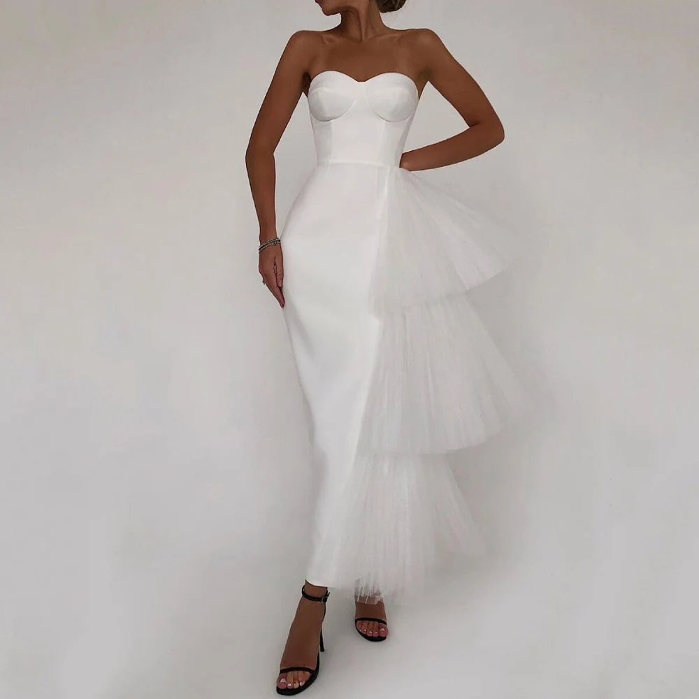 

New Elegant Ankle Length Wedding Gown Sheath Satin Tulle Ruffles Strapless Bridal Dresses Vestidos De Noivado 2021