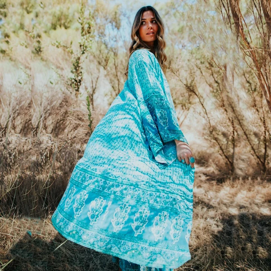 TEELYNN Boho халат кафтан Дикая роза цветочный принт осенний кардиган пляжная одежда