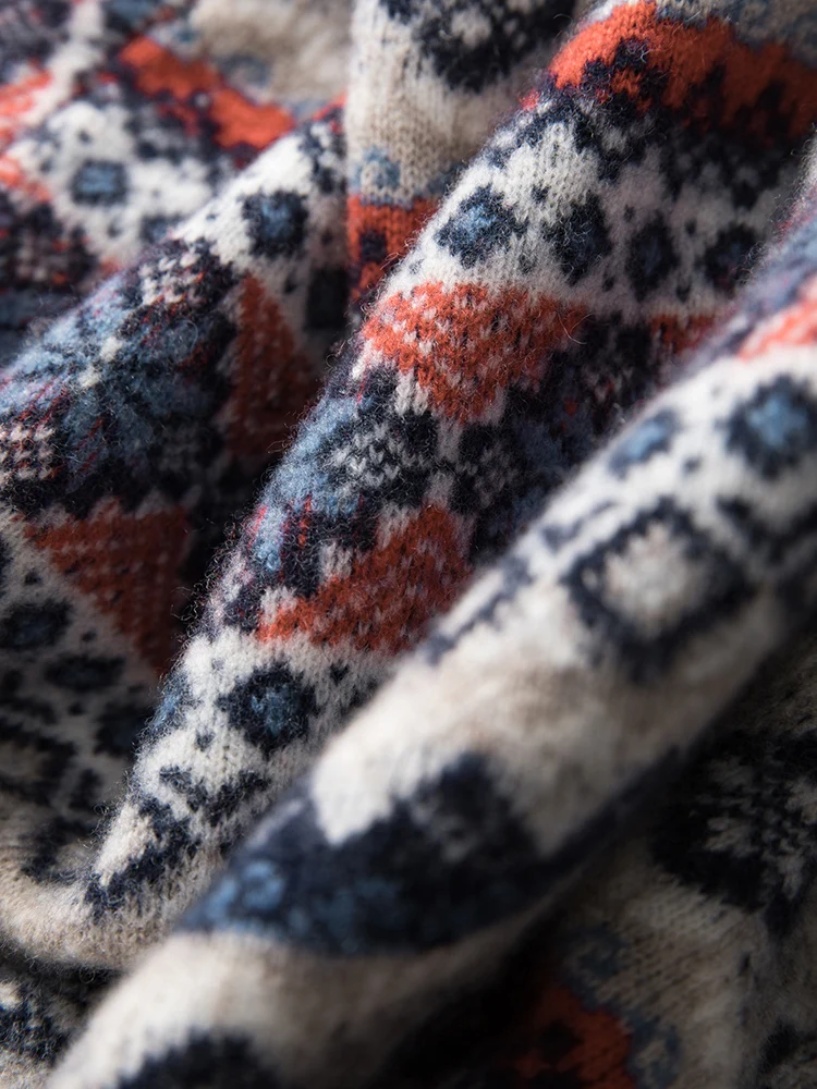 

100% woollen thickened sweater women's turtleneck sweater retro jacquard loose warm long sleeve bottom jersey