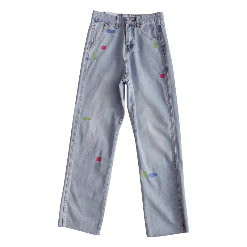 

Spring Autumn Trousers Women Korean Vintage Small Fresh Embroidery Thin Straight Pants Girl All-match Jeans Student
