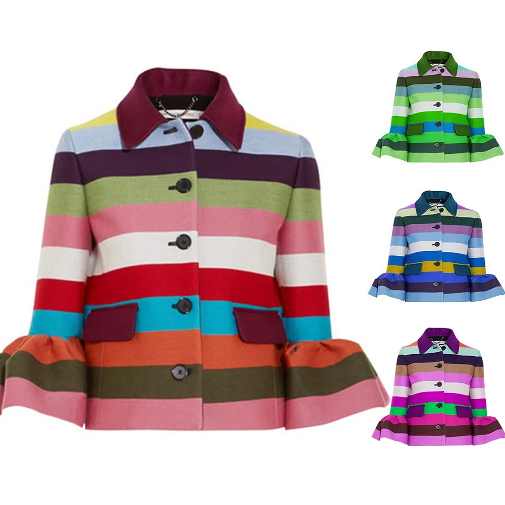 Модные пальто женская осенняя куртка в радужную полоску 3/4 однобортное с