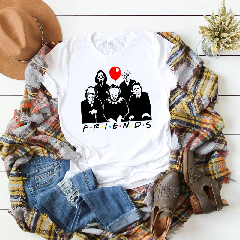 Женская футболка с принтом Друзья ужасов Хэллоуин благодарения осенняя