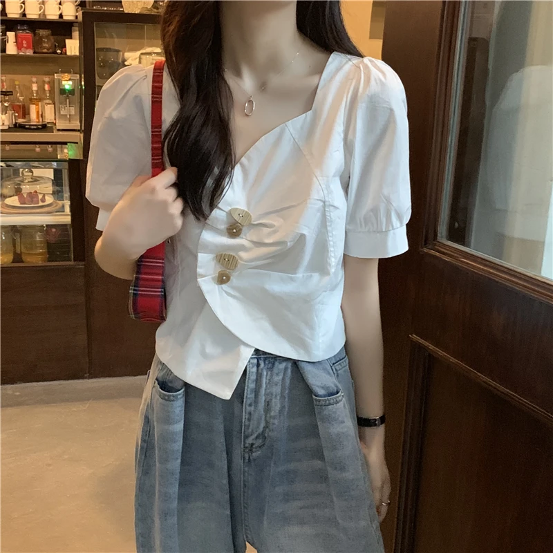 

Chic High Waist Slim Fit Short Blouse Pleated Irregular Solid Blusas Mujer Spring Summer Sexy Exposed Collarbone Shirt A123