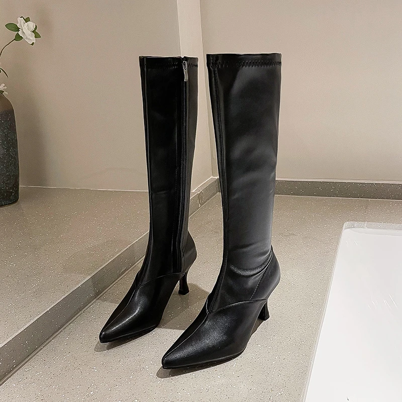 

Женские ботинки, новинка сезона осень-зима 2021, остроносые ботинки на молнии сбоку, высокие ботинки, рыцарские ботинки, тонкие однотонные выс...