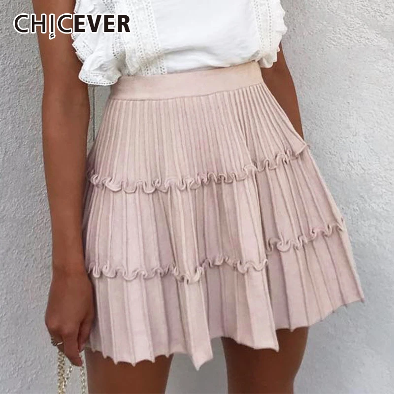 CHICEVER Корейская розовая Женская юбка с оборками высокая талия пэтчворк