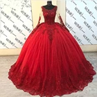 Пышное Бальное платье, платья Quinceanera с длинным рукавом, красное Тюлевое кружевное милое 16 мексиканвечерние вечернее платье Золушки, бальное платье s