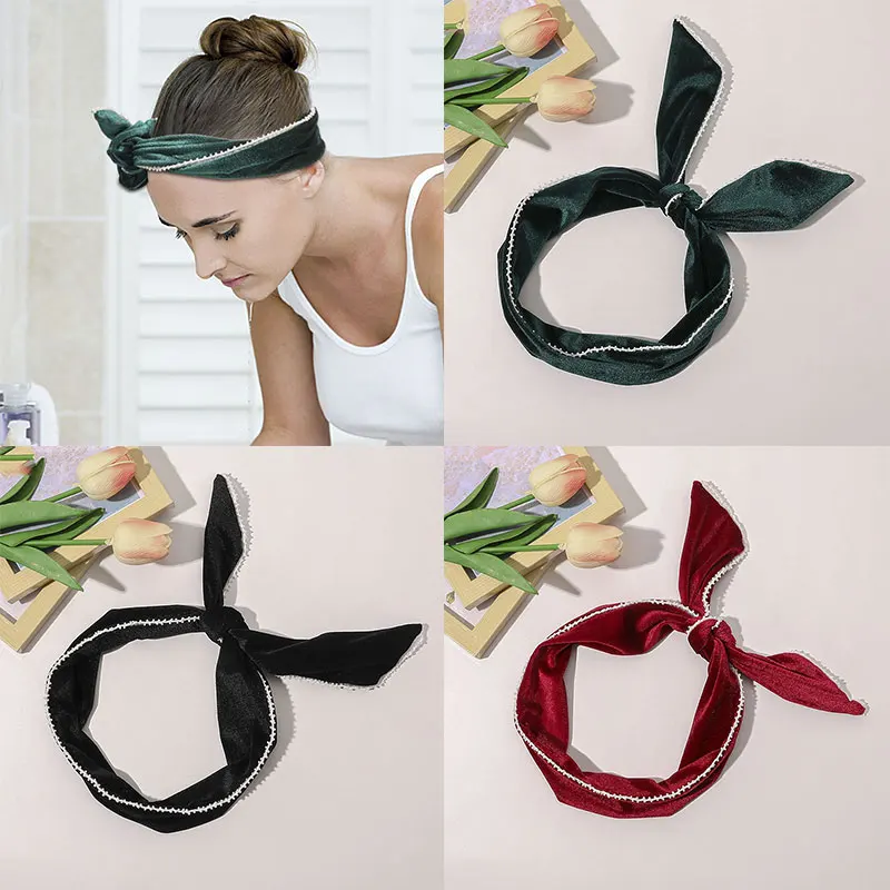 

Simple Stylish Popular Bow-knot Hairband Korean Style Vintage Velvet Cross Hair Accessories Cute Sweet Rabbit Ears Headband