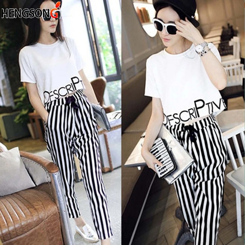 

Womens Set Summer White Letter Printed T Shirt Sexy Cropped Tops +Striped Pants Calf Length Casual Tracksuit S