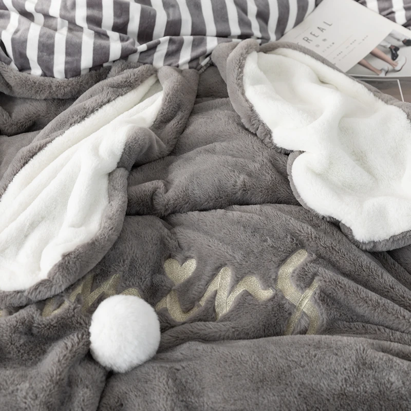 Зимние Бархатные постельные принадлежности с серыми заячьими ушками набор