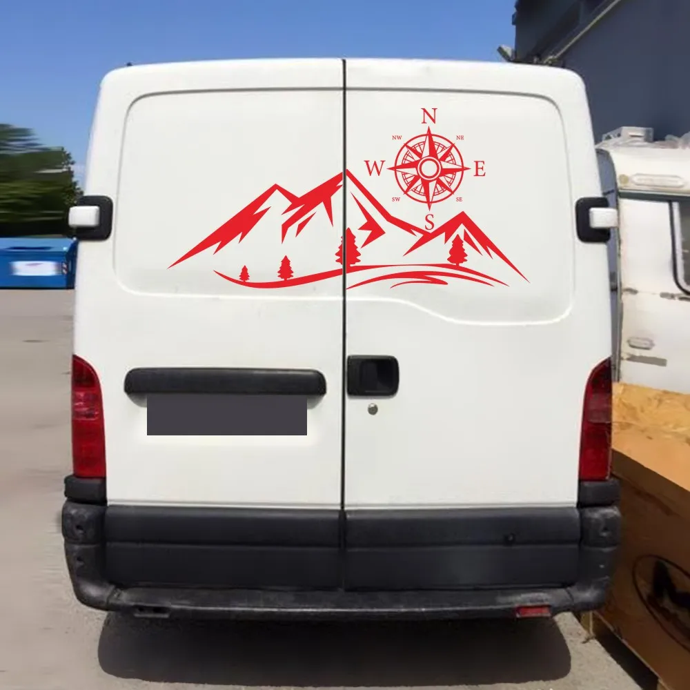 

2x Red Car Mountain Tree Compass Vinyl Graphic Sticker FOR RV, SUV, CamperTruck Car Stickers