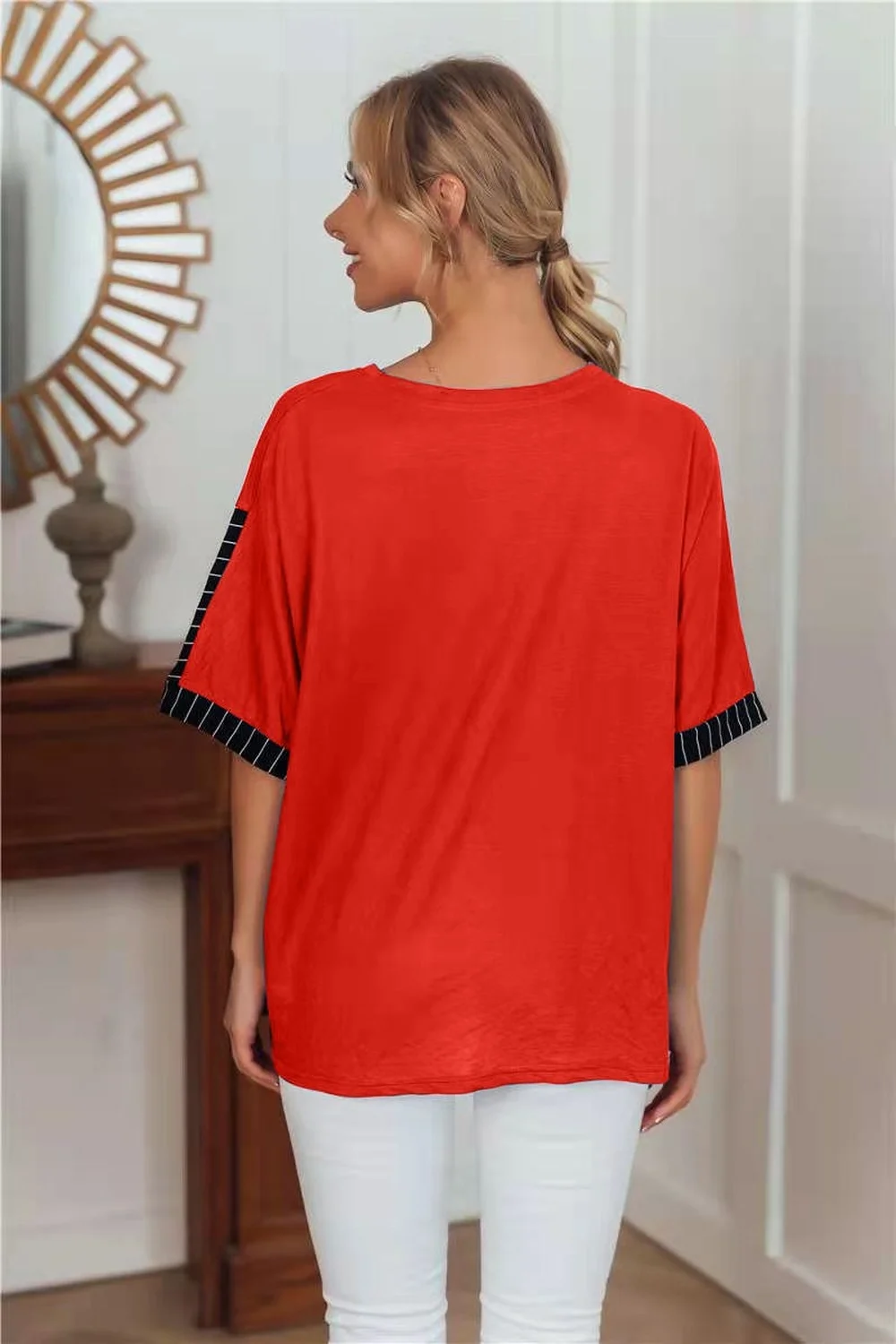 

Donsignet Fashion Women T-shirt New Casual Round Neck Pullover Stitching Sleeve T-shirt Half Casual T-shirt for Women Plus Size