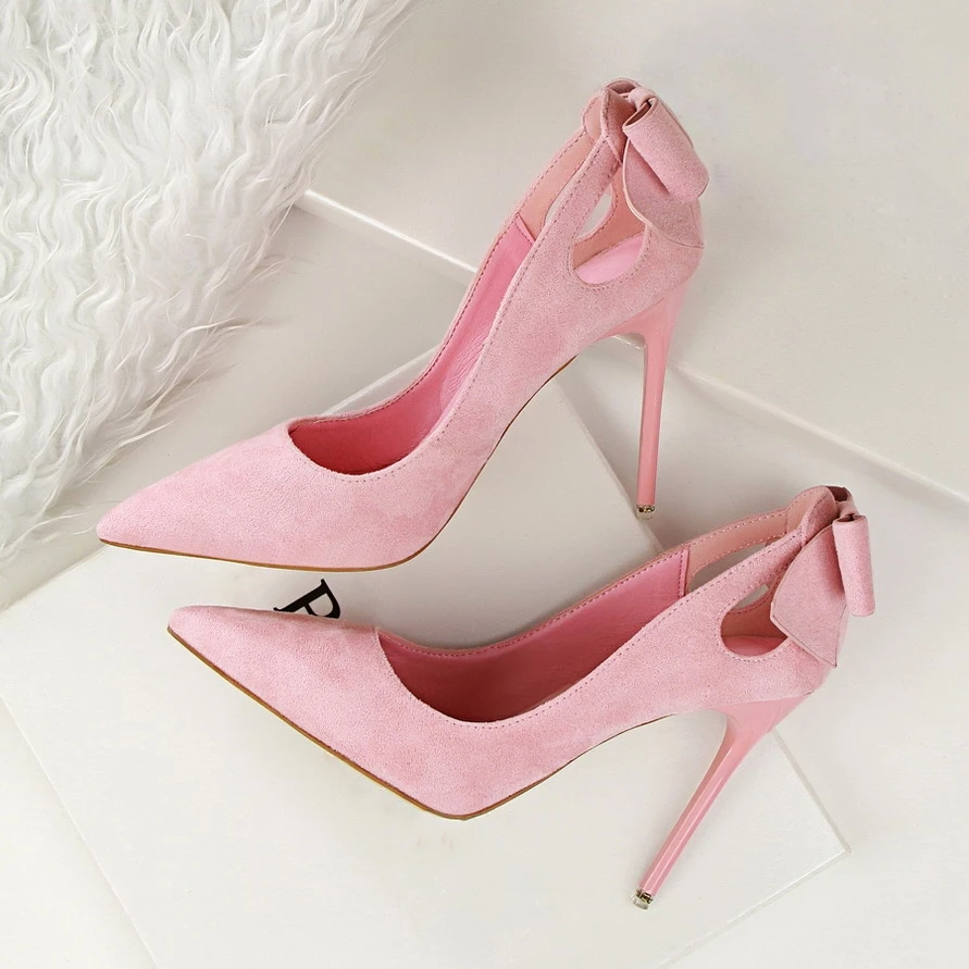 Милые туфли лодочки Туфли на тонком высоком каблуке с бантом Женские замшевые