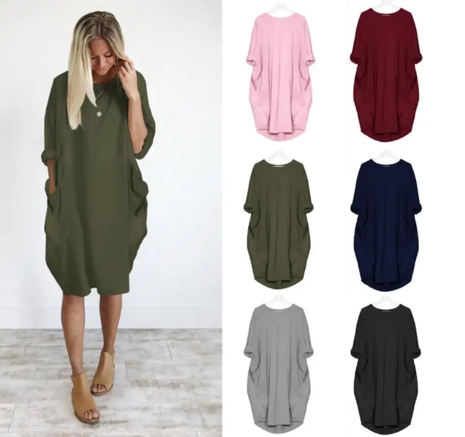 5XL размера плюс, осенние женские платья с карманами, свободное платье для девушек, вырез лодочкой, повседневные Длинные Топы для девушек, платье, женская мода, большие платья