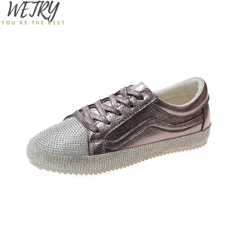 wetry Loafers Women Platform Flats Faux Rhinestone Sneakers Lace-up Silver Solid Creepers Mujer Casual Flat Shoes - Цвет: style 2 pink