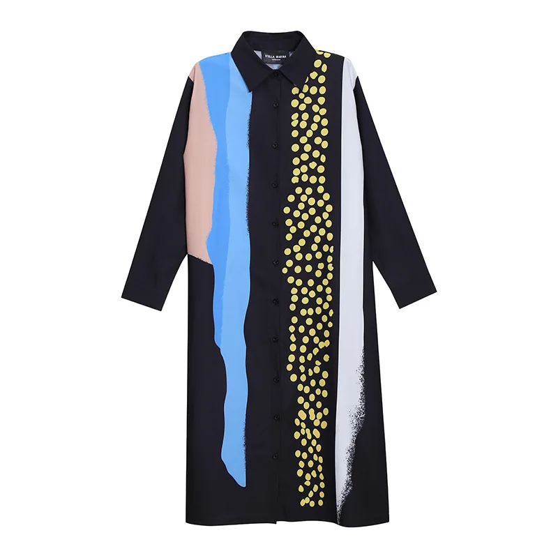 

Korean Women's Original Printed Single Breasted Dress Lapel Long Sleeve Loose Casual Fall Fashion Holiday Brand Clothes 2021