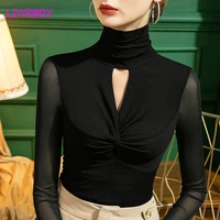 2021autumn new high neck mesh bottoming shirt womens slim hollow sexy long sleeved top