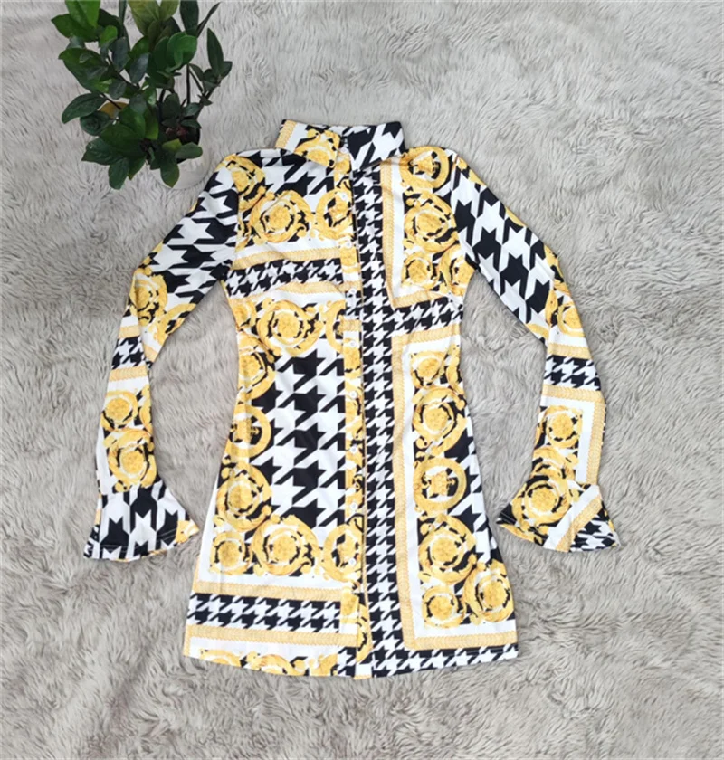 

RStylish Autumn 2021 New Women's Clothing Digital Print Long Sleeve Turn Down Collar Slim Shirt Mini Dress
