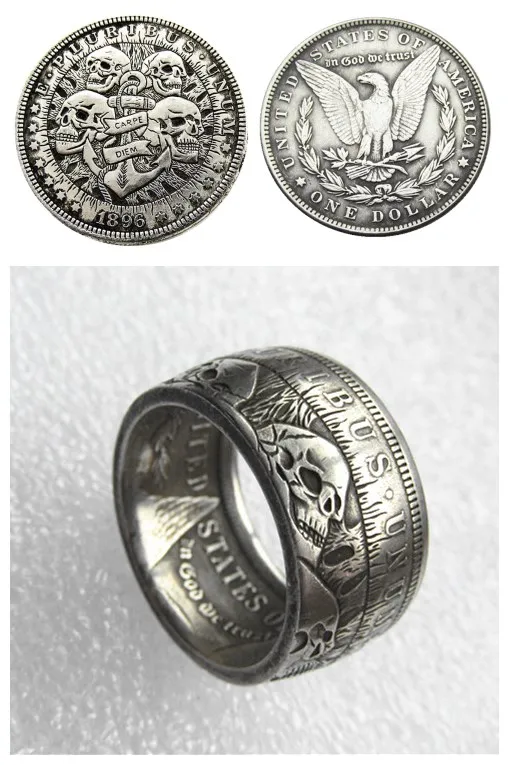 

Hobo 1896 Morgan Silver Dollar Coin Ring Silver Plated Handmade In Sizes 8-16
