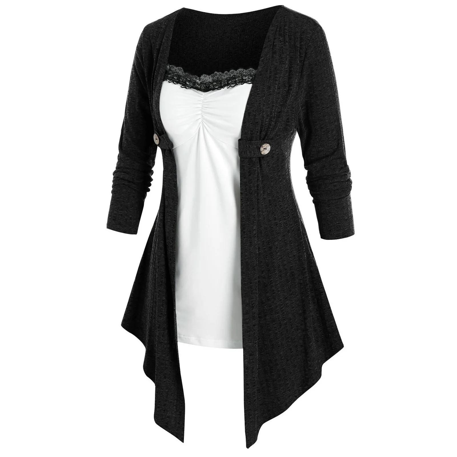 

2021 Women Spring Autumn Dresses Long Sleeve Patchwork Fake Two Piece Irregular Hem Dress Party Dress