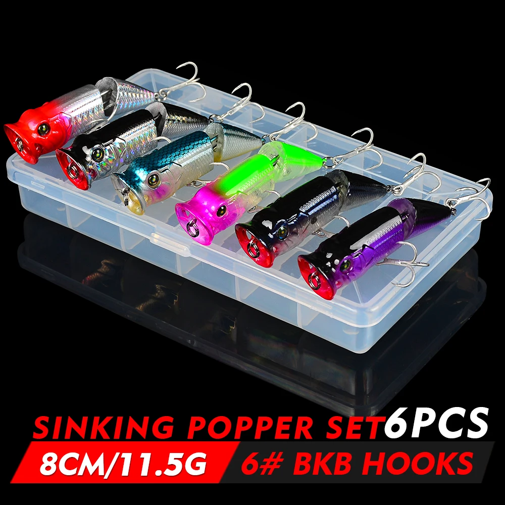New 6pcs Mixed Color Fishing Lure Set Sinking Popper Bassbait 8cm-3.1&quot Artificial Hard Bait Wobbler with Tackle Box | Спорт и